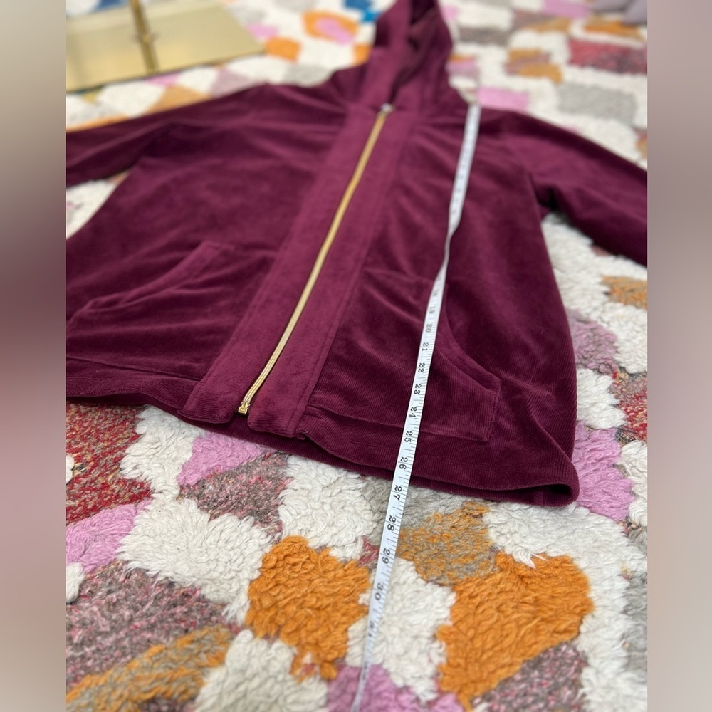Susan Graver Velvet Burgundy Zip Up Hooded Sweater Jacket Cotton Size Large - Picture 10 of 13